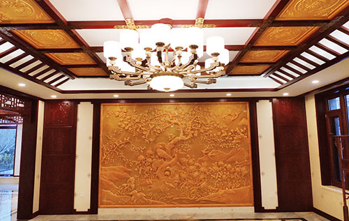 诏安中式别墅客厅中式木作横梁吊顶装饰展示